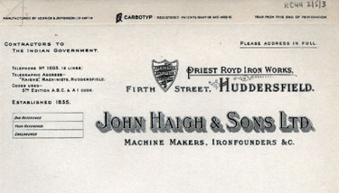 John Haigh & Sons, Priest Royd Iron Works, Huddersfield - letterhead