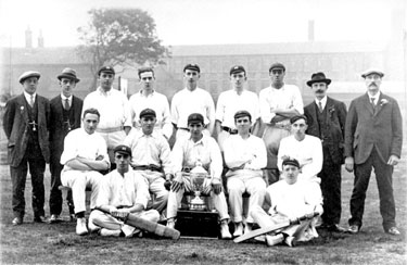 Scholes Cricket Team (the team was named the Albert Mill Co. but was mainly made up of Firth Holdsworth's employees): back row, Drake, ?, Holmes, ?, Squire, Yates, Asquith,?, Squire; middle row, Squir
