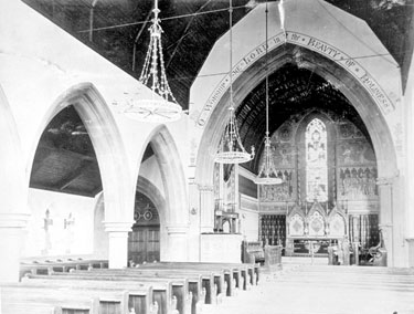 Church of St Philip and St James, Scholes - early interior view, the text reads 'O Worship the Lord in the beauty of holiness.'