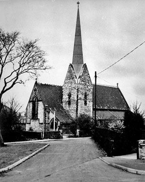 North view of Scholes Church, with spire - dedicated on the 18th October 1970, in memory of Rev. Sam Senior and his son Martin Senior. When Senior died in 1967 he left money in his will for this purpose.