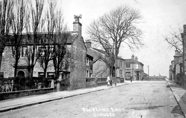 Webster Lane looking north to Four Lane Ends - the building to the left of the image was the Schoolmaster's House, now it is occupied by the Scholes' Post Office