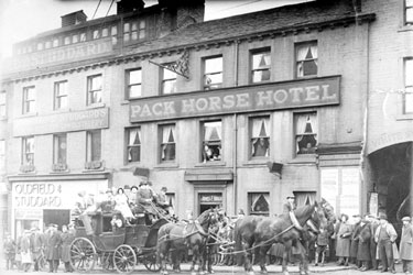 People gathered around a horse drawn carriage outside the Pack Horse Hotel, Kirkgate, Huddersfield