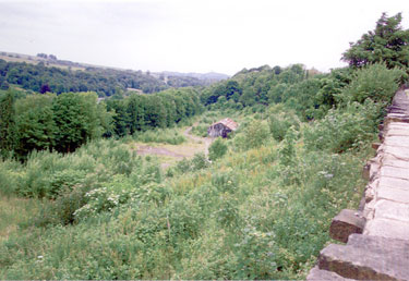 Trackbed, Berry Bank Lane, Holmfirth: looking towards Thongsbridge, overgrown trackbed of former Lancashire & Yorkshire branch line to Huddersfield. Can also see ancient highway known as Berry Bank La
