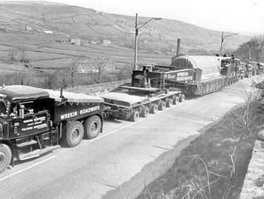 Convoy of Wrekin Roadways trucks, West Slaithwaite, Huddersfield