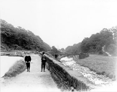 Two boys walking along the River Colne and the Huddersfield Canal, Slaithwaite