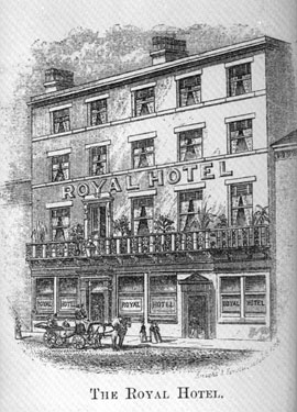 Drawing of Royal Hotel, Market Place, Dewsbury, rebuilt 1851: from A Descriptive Account of Dewsbury