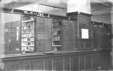 Dewsbury Public Library - interior shot with archives indicator, in use from 1896 to 1925