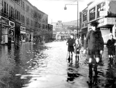 Flood in Dewsbury - looking from the Market Place to the Great Northern Station.