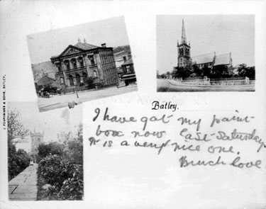 Old postcard, showing various images of Batley's places of worship- addressed to: W. Bagshaw Esq.