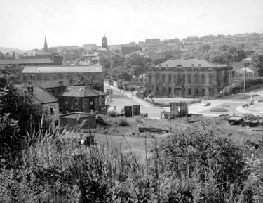 Batley - redevelopment area: Conservative Club viewed from Chimewood, Taylor's Mill on the right.