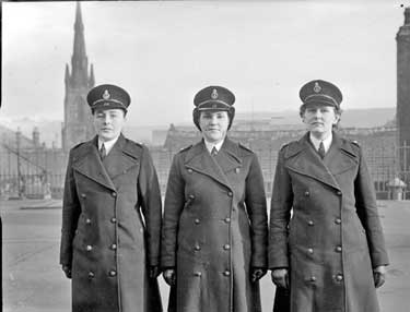 Huddersfield Borough Police Force had just three women police constables on their staff in 1949: from left, Hilda Tagg, Phyllis Beverley and Doreen Cartwright. 	