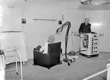Storthes Hall Hospital: the electro-encephalograph being used on a patient 	