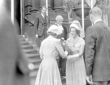 Royal Visit, Ramsden Street, Huddersfield. Mayoress welcomes Princess Elizabeth. 	