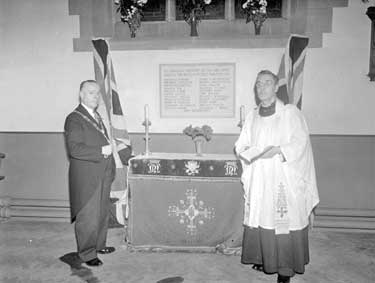 Mayor and Vicar by Commemoration Tablet to War Dead at Crosland Moor Parish Church 	