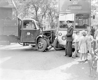 Trolley bus and lorry crash at Woodhouse, Huddersfield 	