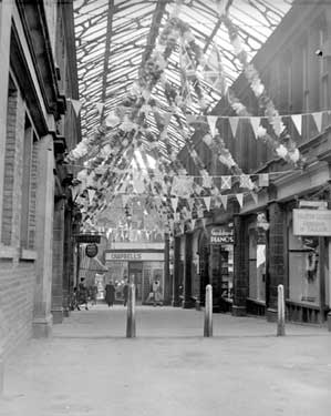 Imperial Arcade, Huddersfield, decorated for the Coronation of Queen Elizabeth II 	