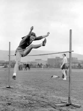 Technical sports at Leeds Road Playing Fields. Miss P Mitchell, High Jump winner 	