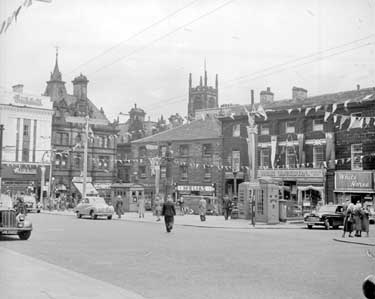 Market Place, Huddersfield, decorated for the Coronation 	