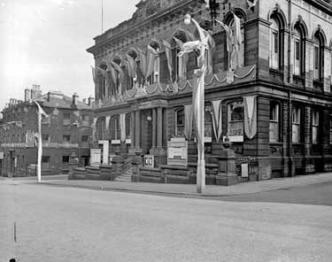 Huddersfield Town Hall, decorated for the Coronation 	