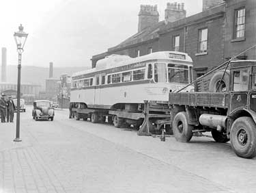 Blackpool tram on transporter 	