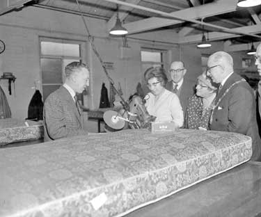 Mayor at Remploy factory, making mattresses. 	