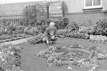 Mr F L Hirst, cup winning competition garden at Rawthorpe, Huddersfield 	