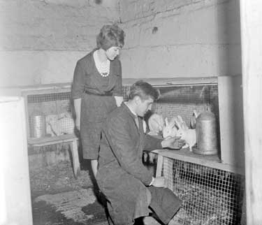 Mr and Mrs P Brook with rabbits 	