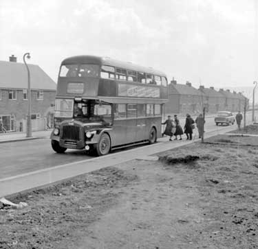 Leeds City Transport 502, a Daimler CVG6LX/30, on Golcar run in Botham Hall housing estate, Milnsbridge/Golcar 	