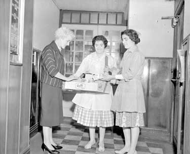 Mrs Beardsall, Muriel and Marie selling ice-cream in foyer (cinema?), Marsden 	