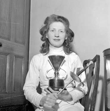 Mrs Mary Hawdon with fencing trophy, 30 George Street, Elland 	