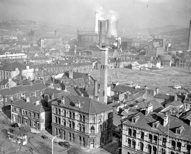 View of Huddersfield from top of Parish Church - Bryam Street, Leeds Road, Power Station, Gasworks, James Jordan and Wilde Co. 	