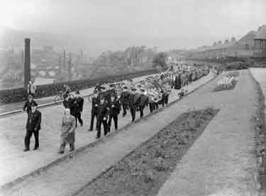 Parade led by brass band, Hullen Edge, Elland 	