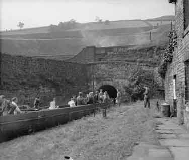 Boat on canal at Tunnel End Marsden 	