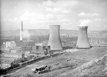 New cooling towers and smoke stack, Huddersfield 	