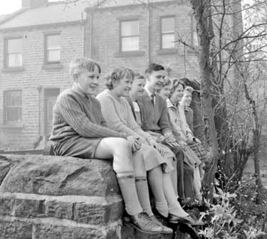 Children watching construction of new infirmary, Lindley, Huddersfield 	