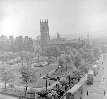 Elevated view of St Peter's Church, Byram St and Lord St, Huddersfield 	