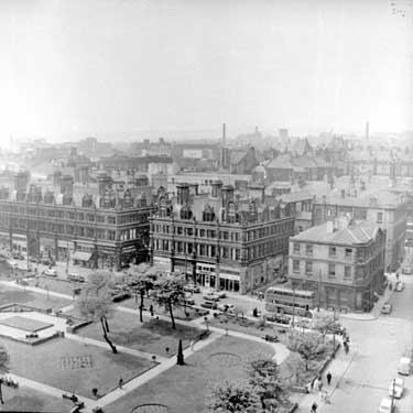 Elevated view of Huddersfield showing St Peter's Gardens - with Byram Street running along the centre of the photograph 	