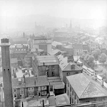 Elevated view of Huddersfield showing buildings off Lord Street - with the Palace Theatre in the background 	