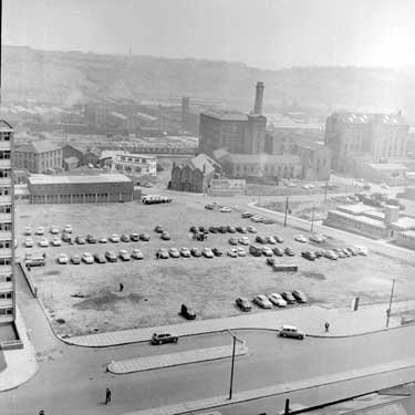 Elevated view of Huddersfield showing parking space off Southgate 	