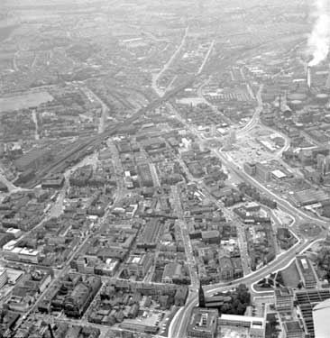 Aerial view of Huddersfield showing Town Centre with Queensgate bottom right, Southgate on right 	