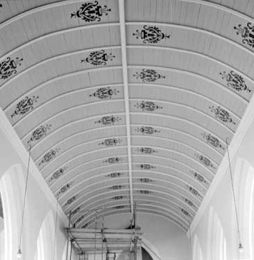 Interior of St. John the Evangelist C of E church, Upper Denby. Detail of roof.