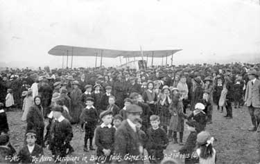 Avro' Aeroplane, Heckmondwike. The plane landed in barley fields, having got lost on its way to an air race in Leeds.