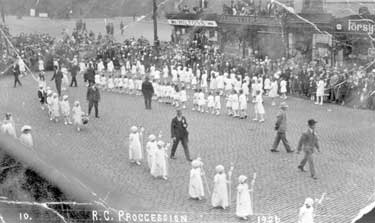 Girls in R.C. religious Procession, Market Place, Dewsbury