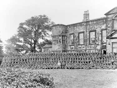 Large group of soldiers (Duke of Wellington Territorial Battalion?) outside Whitley Beaumont