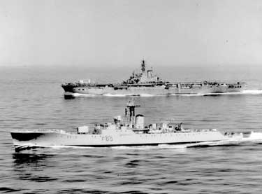 National Service, Navy - HMS Salisbury at sea with aircraft carrier
