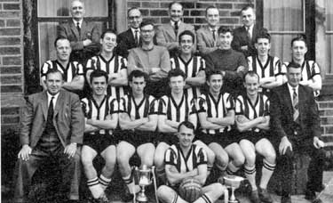 Shelley F.C., Division 111 winners and Groom Cup Winners: Back row from left, E Cunningham, A Driver, H Rose, J Hough, L Matthews. Middle row from left, D Bentley, T Matthews, D Watts, P Chapman, E Sm