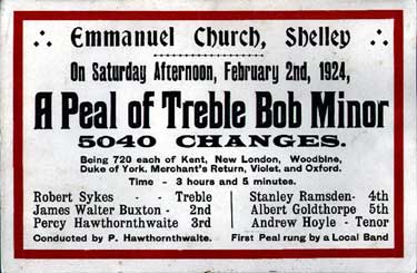 Advert for 'A Peal of Treble Bob Minor' to be held at Emmanuel Church, Shelley