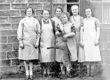 Group of women, Shelley: from left, Phylis Mosley, Mrs Metcalfe, Mrs Ramsden, Mrs Ross with fox, Mrs Mettrick, Mrs Tarbutt