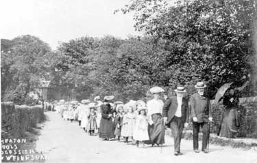 Kirkheaton Schools Whit Procession, Church Lane: Rev Ralph Henry Madox in front with beard (died 1905), John Wright Moore on right became rector in 1905