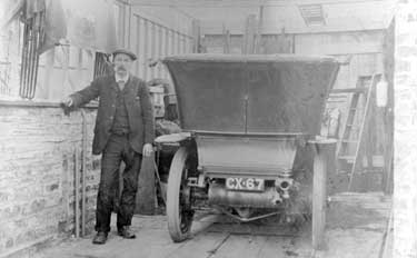 Man with car, Kirkheaton, probably B Crowther's father. Ben Crowther spent early life in Canada and came back to the grange, Gawthorpe Green to farm